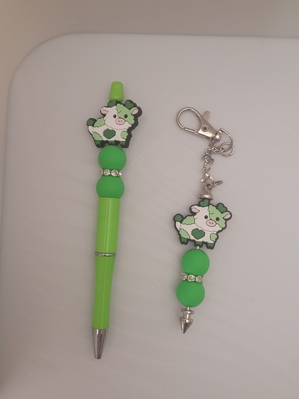 Handmade Green Cow Silicone Pen and Keychain Set